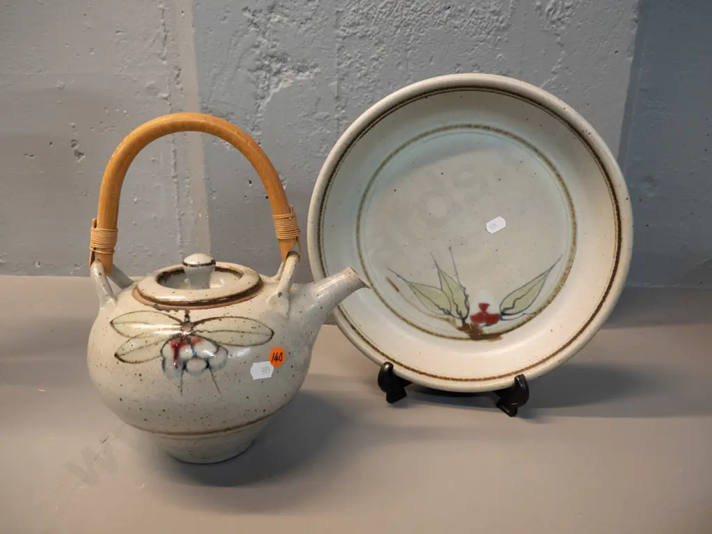 2 pieces of Neil Grant / Richmond NZ studio pottery. Teapot with cane handle and a dish D-275 Image 1++