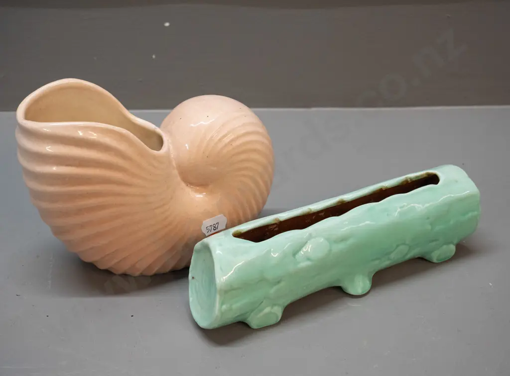 2 O.C. Stephens vases - pale green log trough and a pink-beige shell vase with crack at rim and some crazing, Image 1++