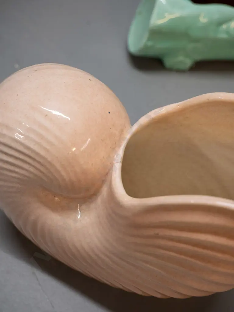 2 O.C. Stephens vases - pale green log trough and a pink-beige shell vase with crack at rim and some crazing, Image 1++