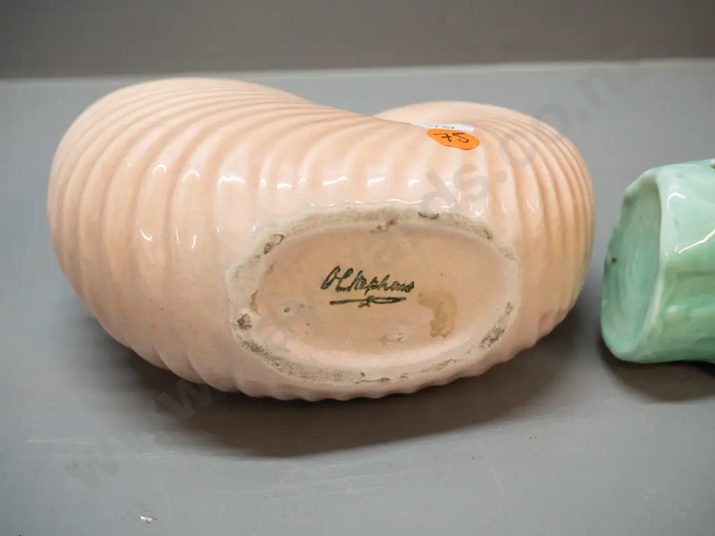 2 O.C. Stephens vases - pale green log trough and a pink-beige shell vase with crack at rim and some crazing, Image 1++