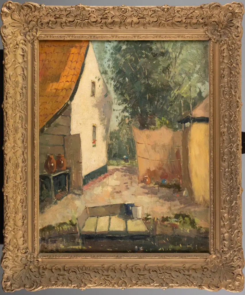 illegible signature  - gilt framed oil - country house scene H-490 W-390 (some aging to paint) Image 1++