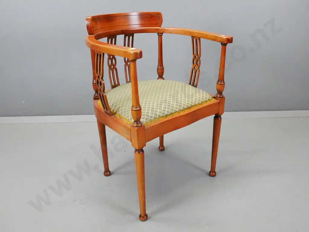vintage beech open arm tub chair with pierced back splats, turned legs, upholstered in green & gold fabric H-770 W-500 Image 1++