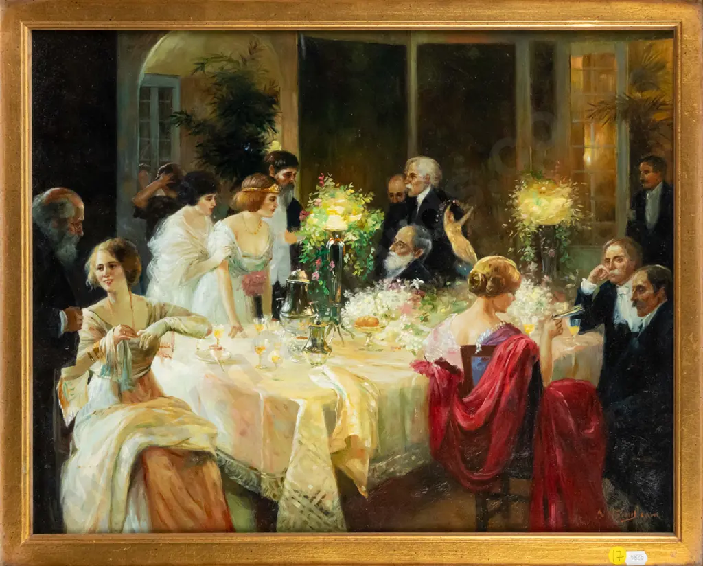 framed oil reproduction - Jules Alexandre Grun "The end of the dinner" H-390 W-490 Image 1++