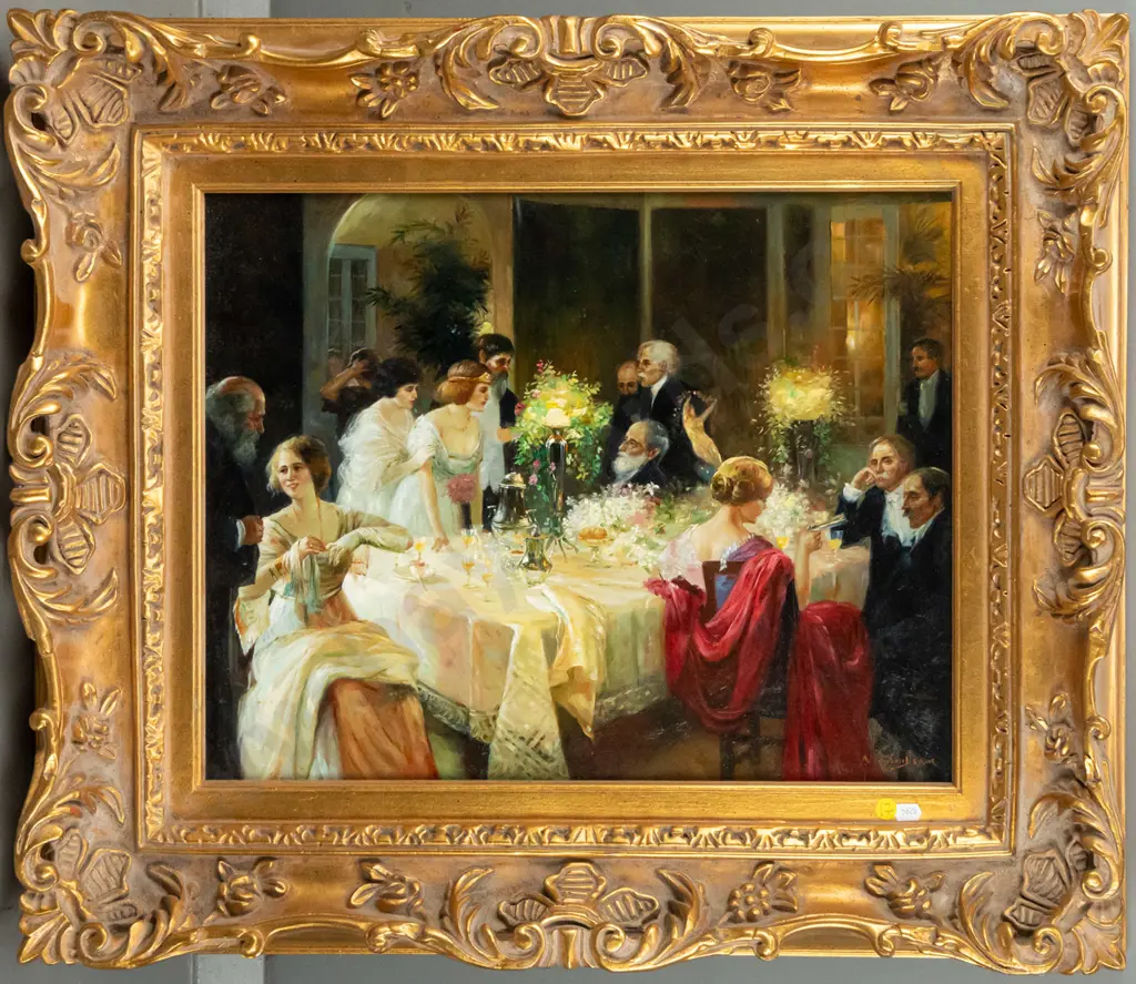 framed oil reproduction - Jules Alexandre Grun "The end of the dinner" H-390 W-490 Image 1++