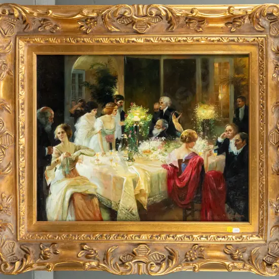 framed oil reproduction - Jules Alexandre Grun "The end of the dinner" H-390 W-490