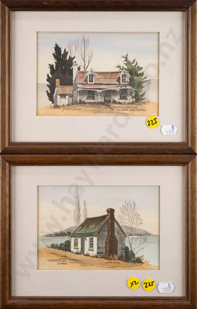 2x framed Yvonne Benson hand coloured prints - Moeraki, Te Anau Each H-95 W-140 Image 1++