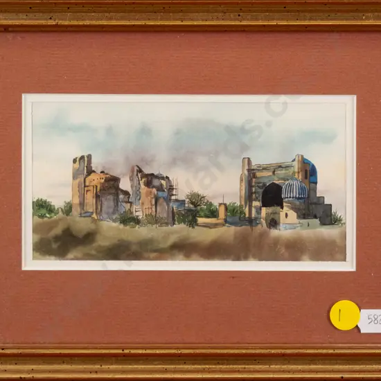 framed watercolour - castle ruin H-75 W-145