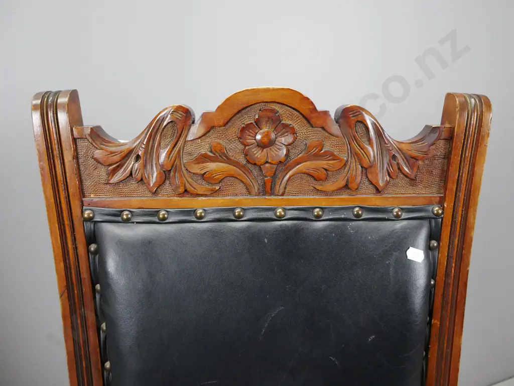 pair of Edwardian mixed timber beech & kauri side chairs, carved foliate decoration to back, fluted uprights, black Image 1++