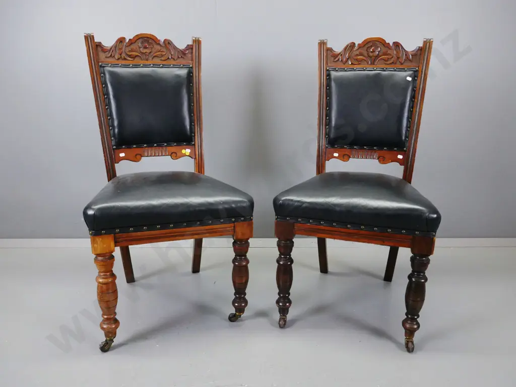 pair of Edwardian mixed timber beech & kauri side chairs, carved foliate decoration to back, fluted uprights, black Image 1++