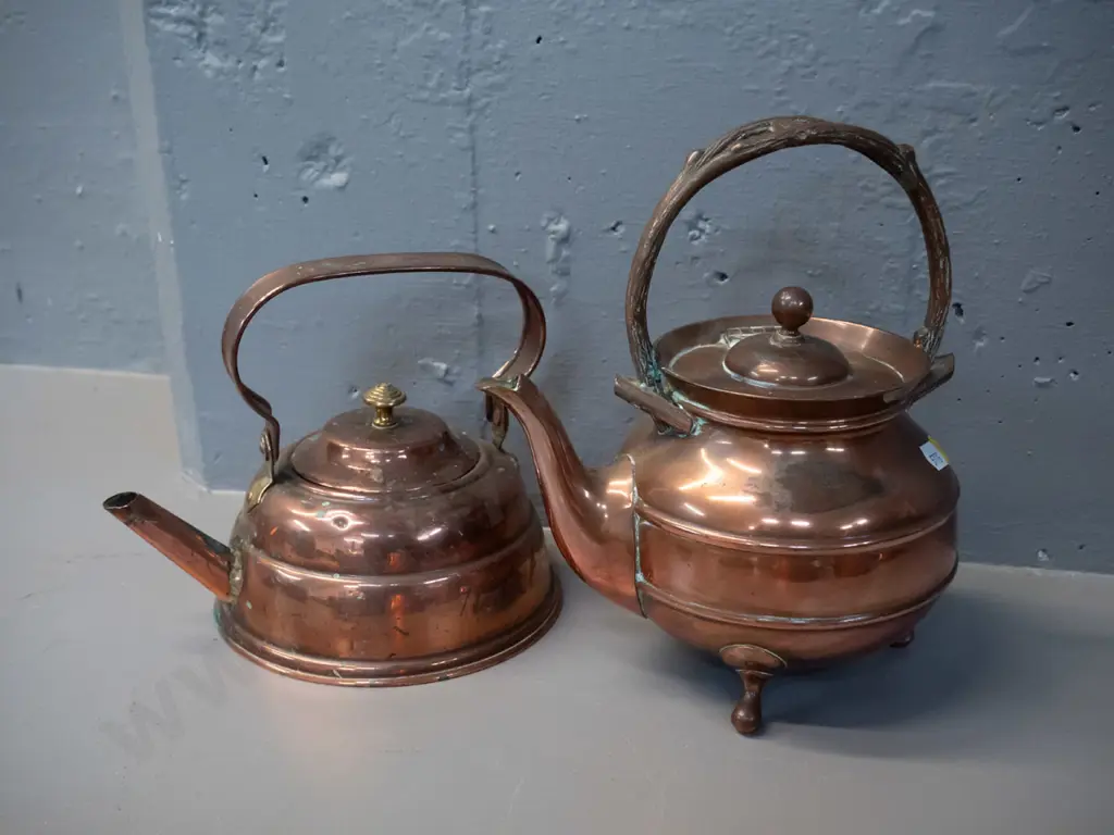 copper-plated 3-footed tea pot with hinged lid, 3 feet, branch motif handle, marked JD&S EPBM H-215m and a small copper Image 1++