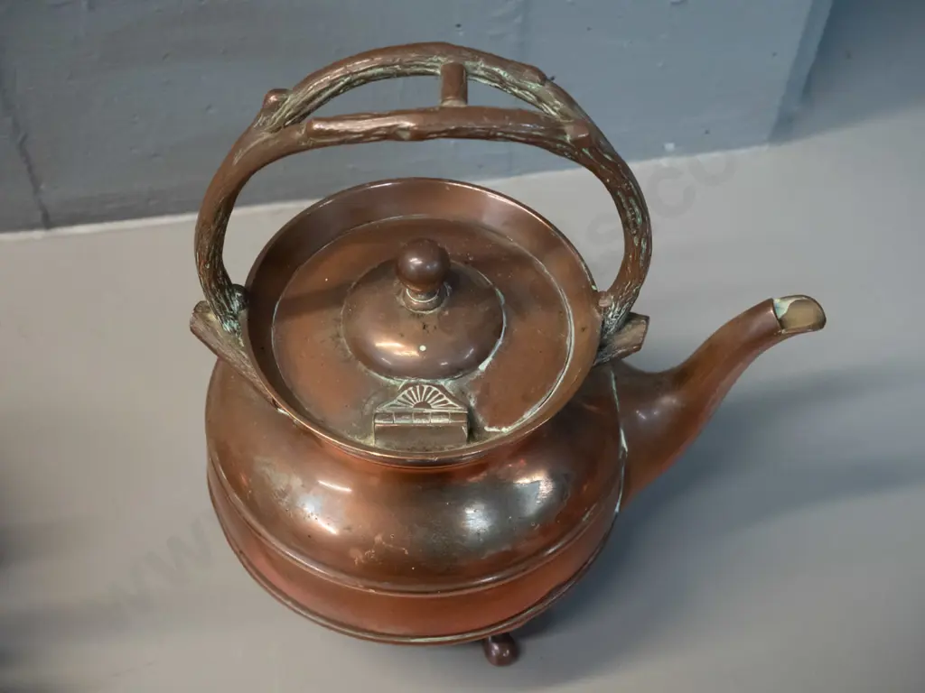 copper-plated 3-footed tea pot with hinged lid, 3 feet, branch motif handle, marked JD&S EPBM H-215m and a small copper Image 1++