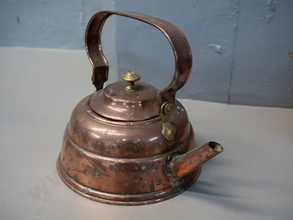 copper-plated 3-footed tea pot with hinged lid, 3 feet, branch motif handle, marked JD&S EPBM H-215m and a small copper Image 1++