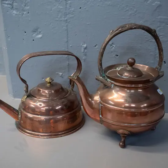 copper-plated 3-footed tea pot with hinged lid, 3 feet, branch motif handle, marked JD&S EPBM H-215m and a small copper