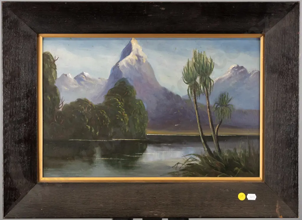 framed colonial oil on board - lake & mountain scene H-280 W-430 Image 1++