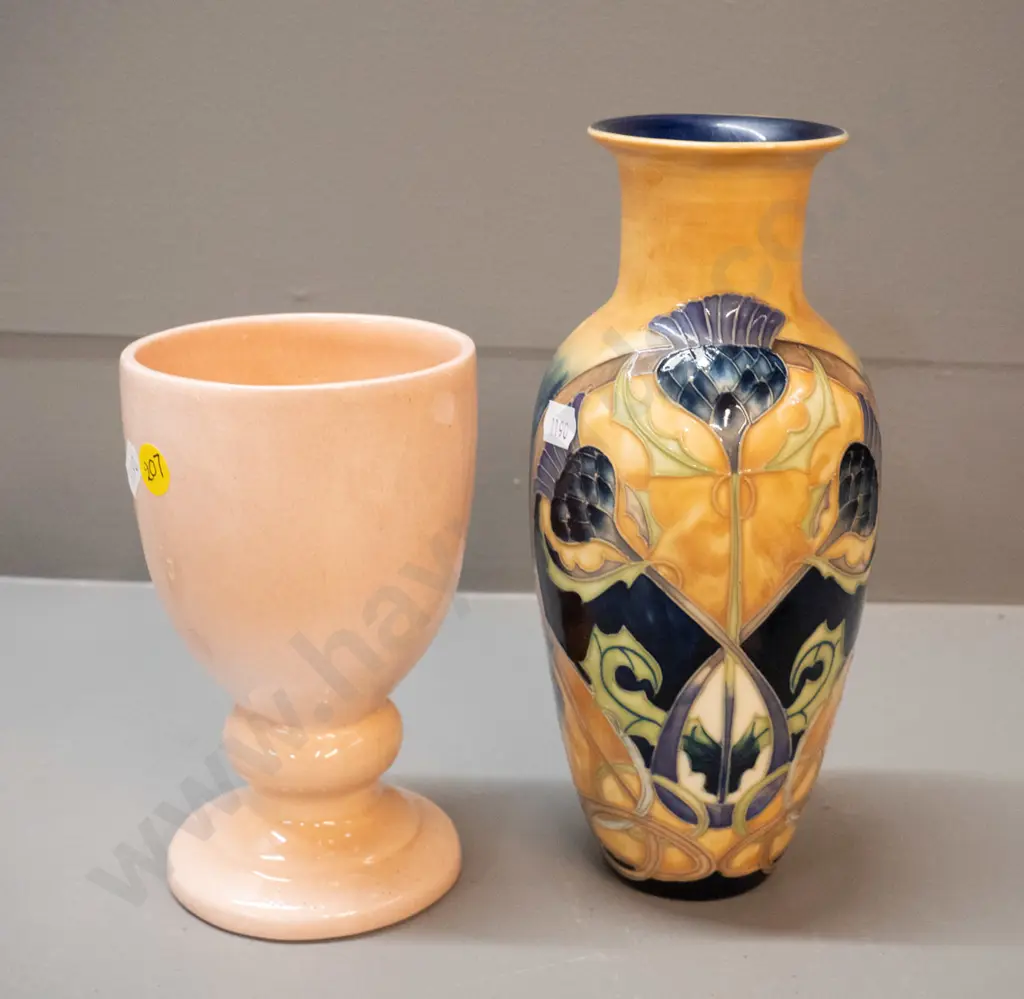 O.C. Stephens goblet with small chip to rim and a reproduction Moorcroft style relief pattern vase H-230 Image 1++