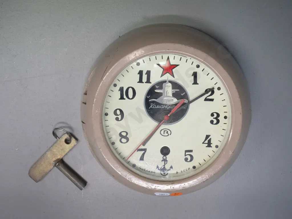 Russian submarine clock in heavy cast metal case with key - some chips to enamel D-200 Image 1++