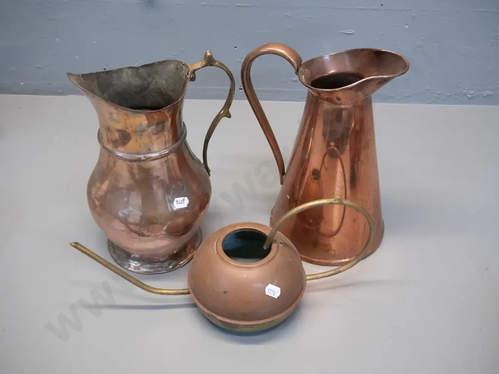 3 copper and brass items - conical pitcher marked Beldray England H-245 D-145 at base, small copper and brass watering Image 1++