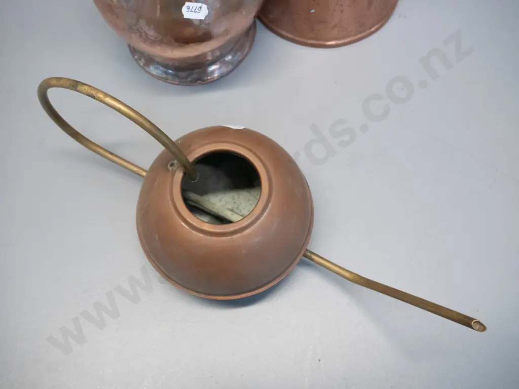 3 copper and brass items - conical pitcher marked Beldray England H-245 D-145 at base, small copper and brass watering Image 1++