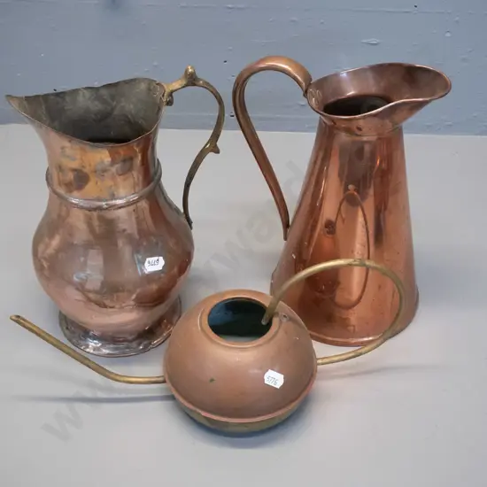 3 copper and brass items - conical pitcher marked Beldray England H-245 D-145 at base, small copper and brass watering