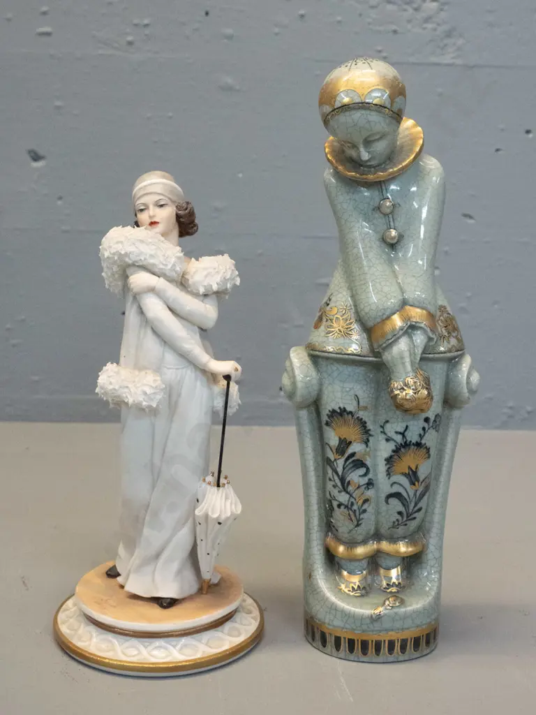 Sandro Maggioni Capodimonte vintage themed "Mode Liberty" 1920 figurine & a Royal Copenhagen Pierrot figurine H300 Image 1++