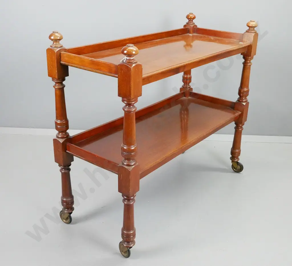Victorian mahogany 2-tier dumb waiter with turned supports and finials, large metal casters H-910 W-1060 D-400 Image 1++