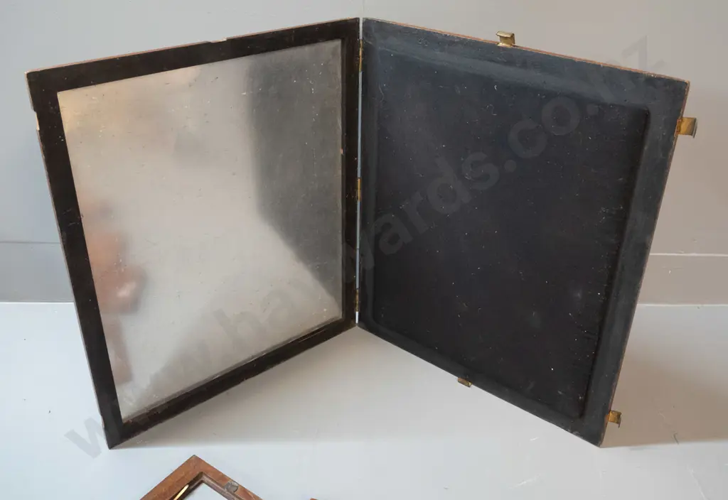 vintage quarter plate size timber and brass camera film holders and a larger part printing frame or press 360 x 440 Image 1++