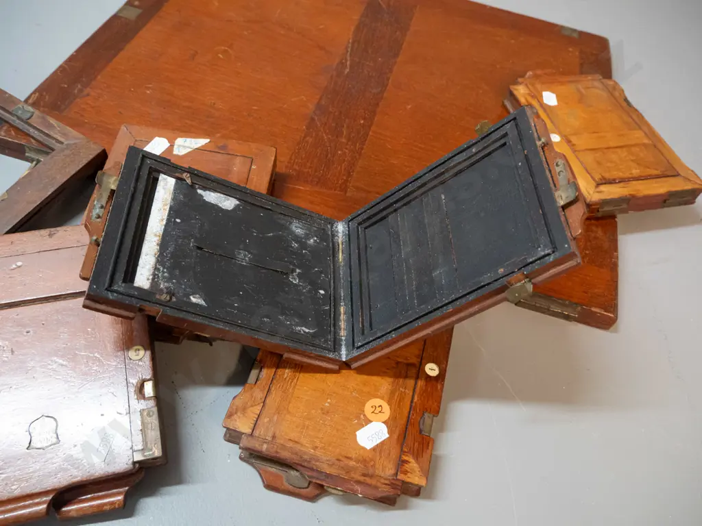 vintage quarter plate size timber and brass camera film holders and a larger part printing frame or press 360 x 440 Image 1++