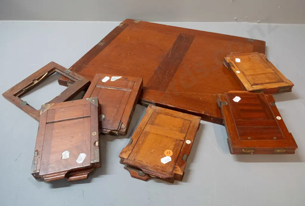 vintage quarter plate size timber and brass camera film holders and a larger part printing frame or press 360 x 440 Image 1++