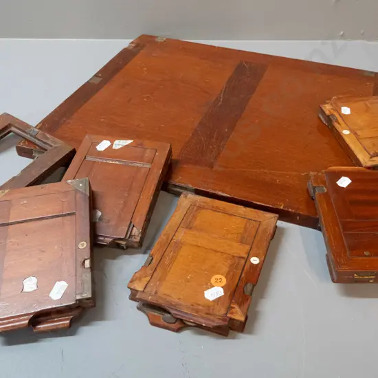 vintage quarter plate size timber and brass camera film holders and a larger part printing frame or press 360 x 440