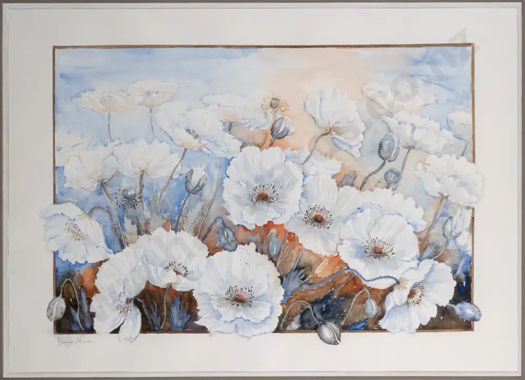 illegible signature - framed watercolour - poppies H-415 W-650 Image 1++