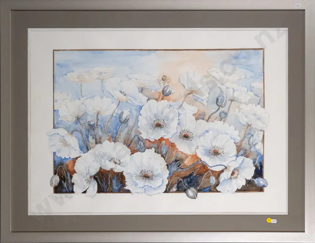 illegible signature - framed watercolour - poppies H-415 W-650 Image 1++
