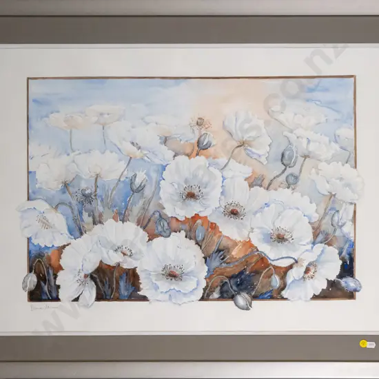 illegible signature - framed watercolour - poppies H-415 W-650