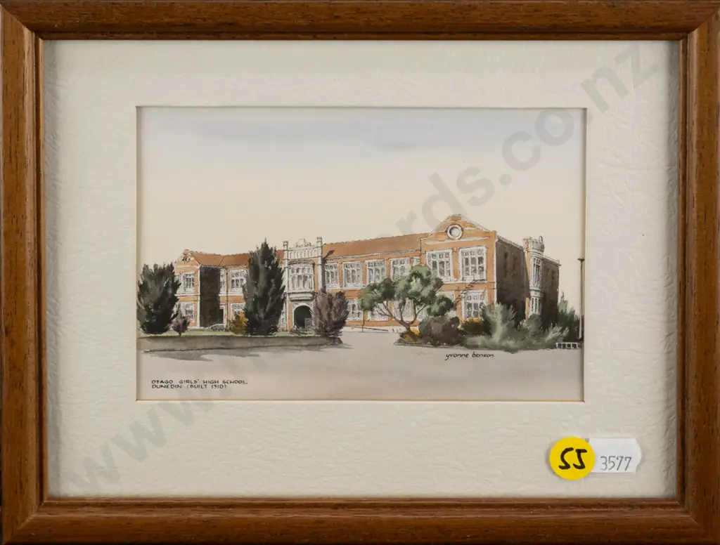 framed Yvonne Benson hand coloured print - Otago Girls High School H-95 W-140 Image 1++