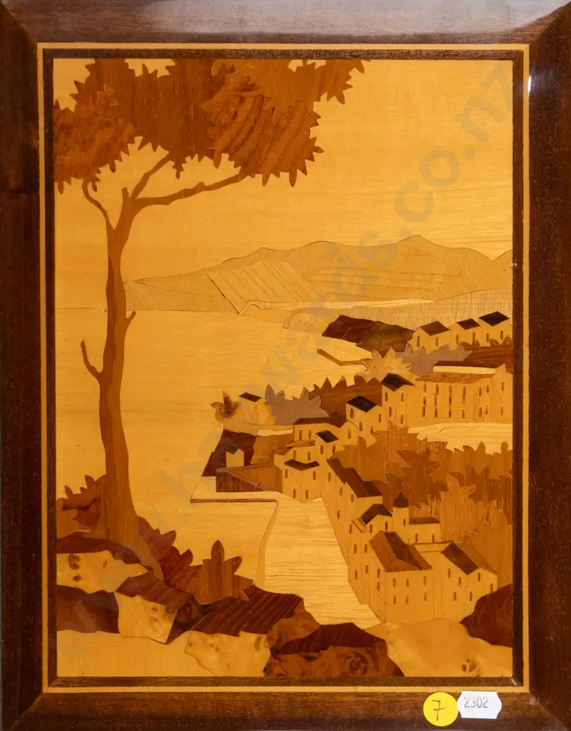 wooden marquetry artwork - village by water H-300 W-240 Image 1++