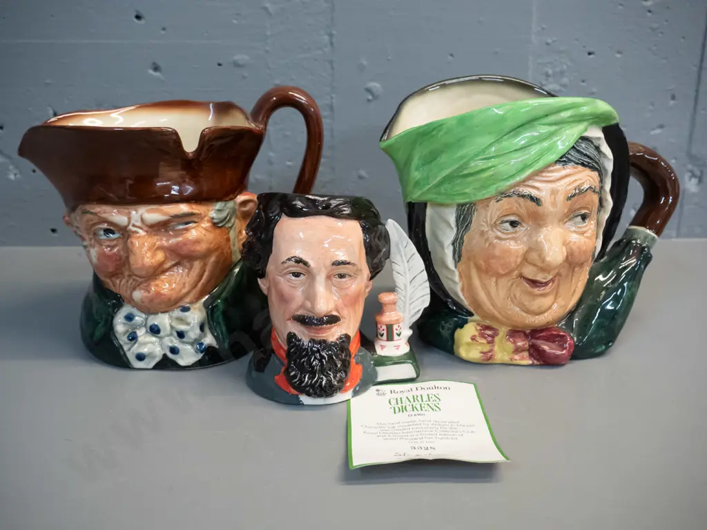 3 Royal Doulton character jugs - Sarey Gamp H-160, Old Charley, small ltd. edition Charles Dickens Image 1++