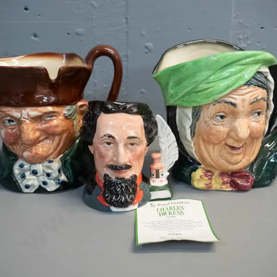3 Royal Doulton character jugs - Sarey Gamp H-160, Old Charley, small ltd. edition Charles Dickens