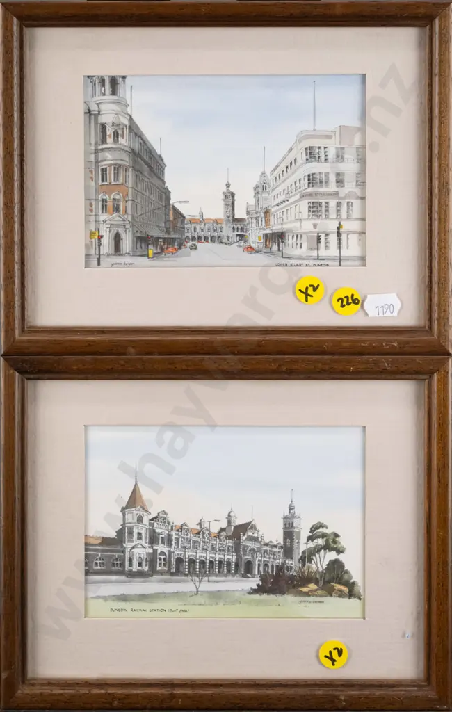 2x framed Yvonne Benson hand coloured prints - Dunedin Railway Station, Lower Stuart Street Each H-95 W-140 Image 1++