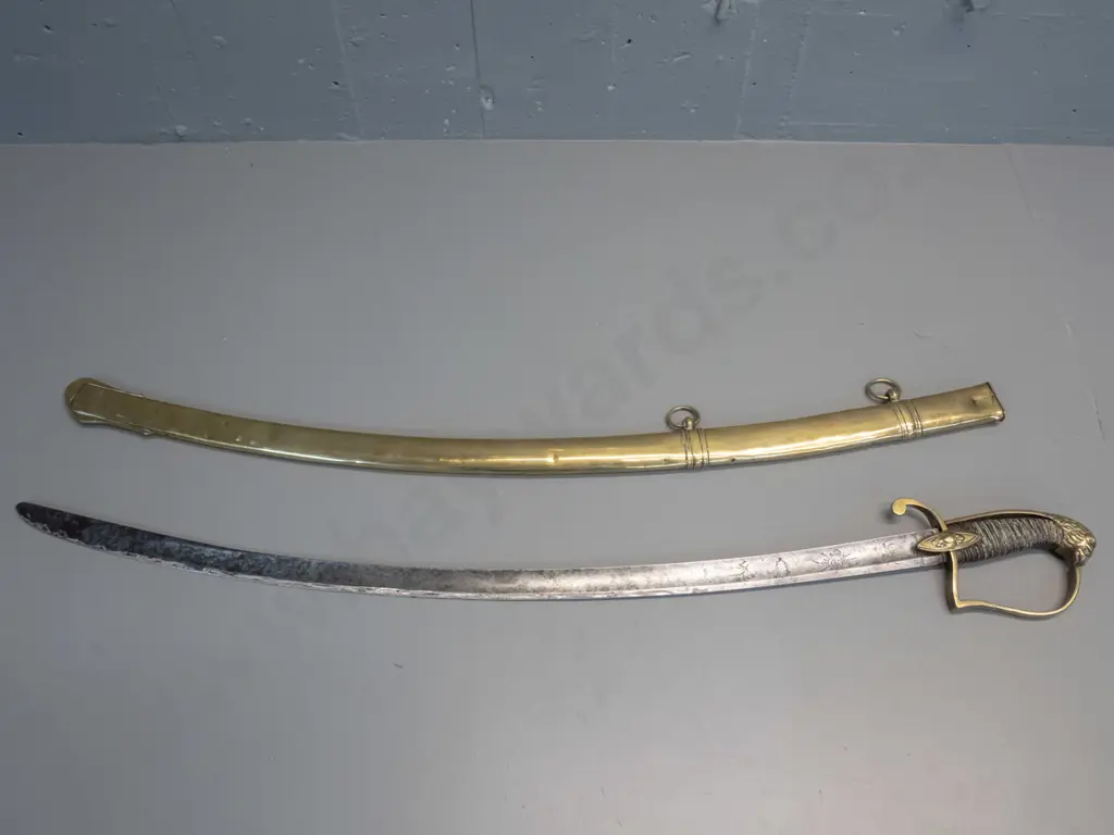 vintage decorative sword with cast brass lion's head, timber and plaited metal cord handle, brass scabbard, some hard to Image 1++
