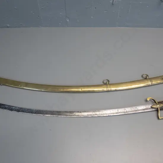 vintage decorative sword with cast brass lion's head, timber and plaited metal cord handle, brass scabbard, some hard to