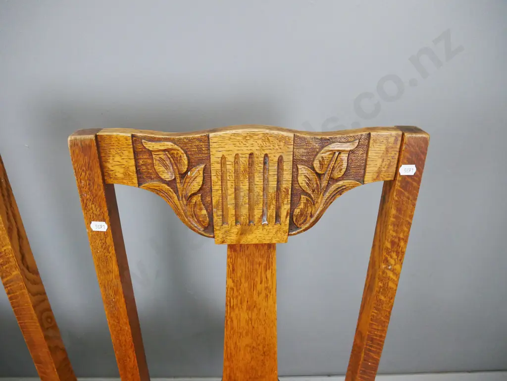 4 arts & crafts style oak splat back dining chairs with carved lily motifs, square tapered legs, brown vinyl pop-out Image 1++