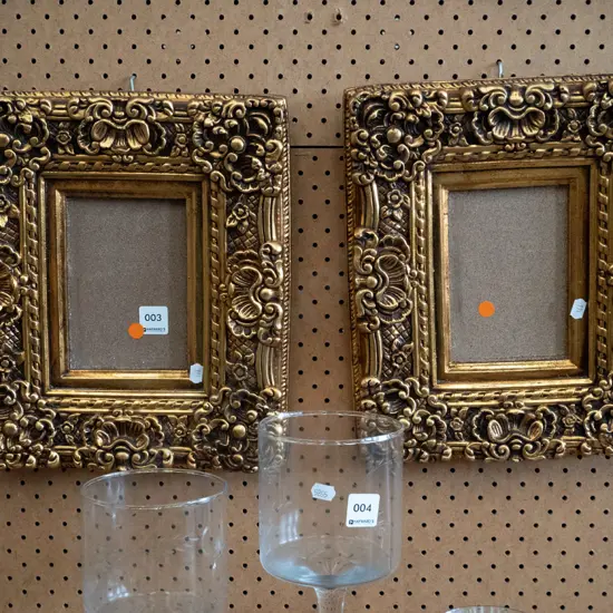 2 ornate gilt picture frames - orange dots