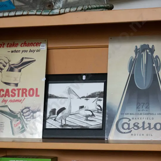 framed print and 2 reproduction Castrol advertising prints on tin