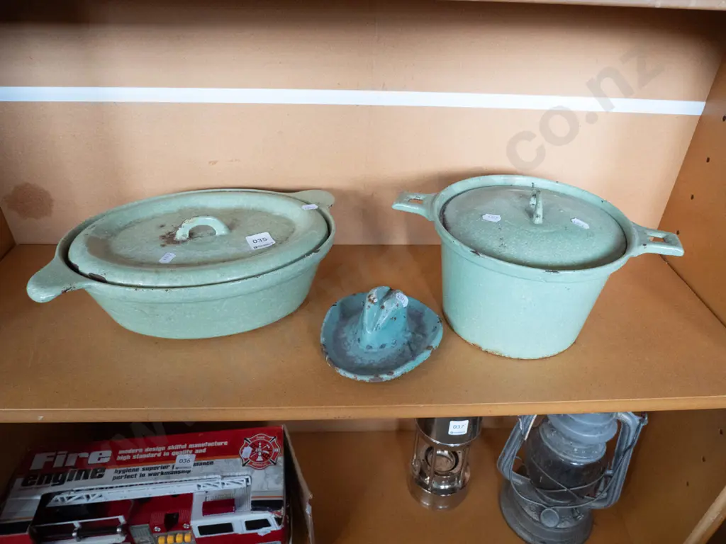 green speckled enamel and cast iron casseroles and a cowboy hat ashtray Image 1++