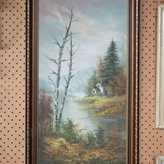 framed oil on board - stream and house scene