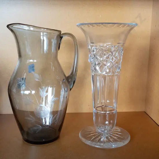 cut crystal vase and smoked glass water jug