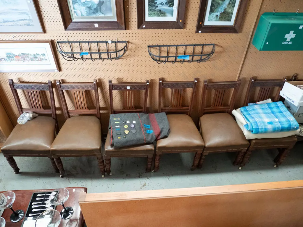 6 vinyl upholstered pressed wood slat back dining chairs - casters need attention, includes bag of extras Image 1++