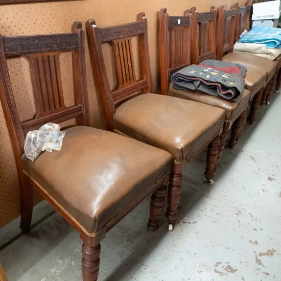 6 vinyl upholstered pressed wood slat back dining chairs - casters need attention, includes bag of extras