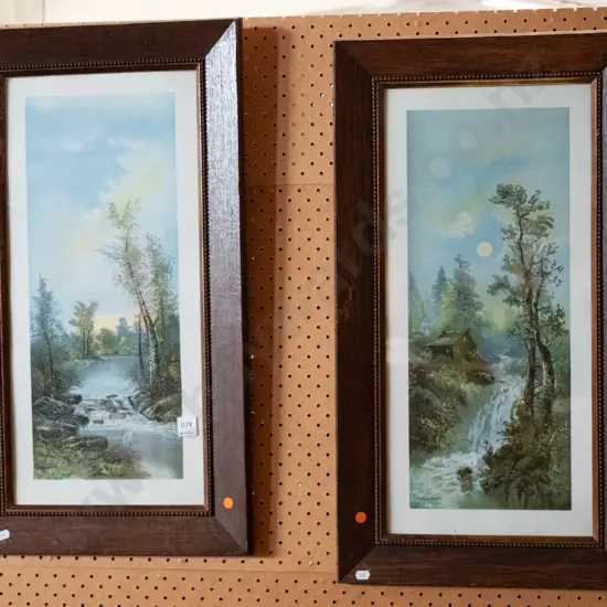 2 oak framed prints - stream scenes
