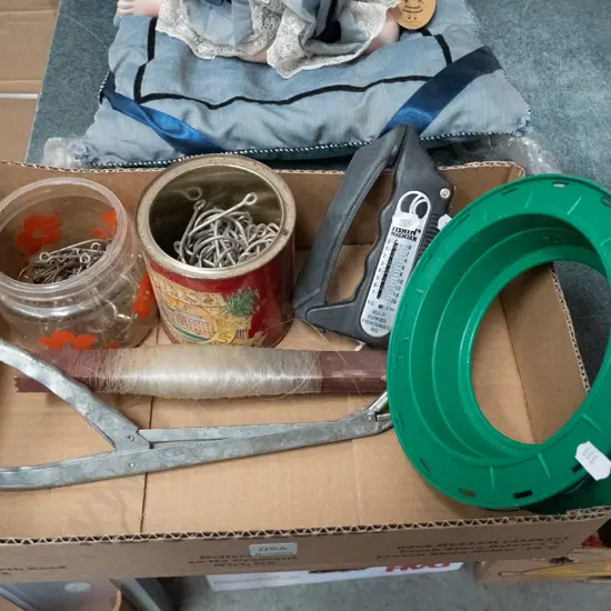 box of fishing line, hooks, scales, etc.