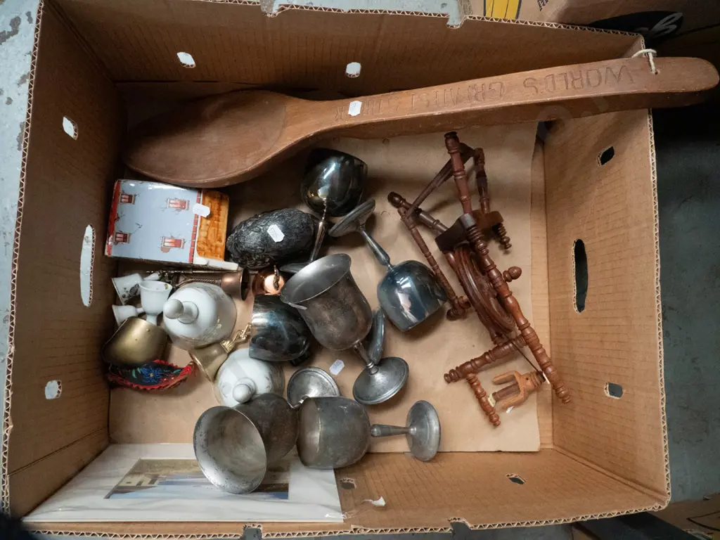 box of plated goblets, ceramic bells, wooden spoon, miniature spinning wheel, etc. Image 1++